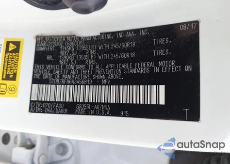 2017 Toyota Highlander Le/Le Plus from USA, damaged, VIN 5TDBZRFH6HS456819